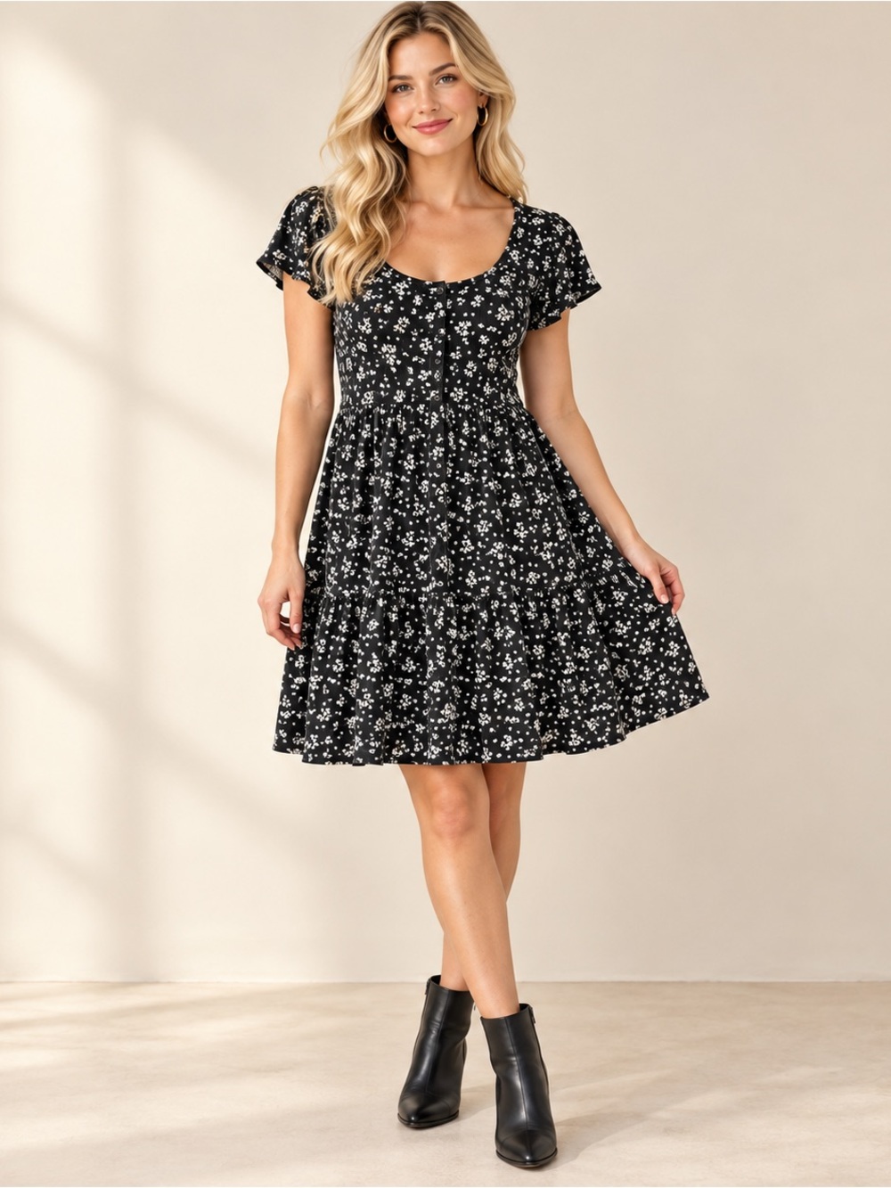 Jessica Simpson Black and White Floral Scoop-Neck Tiered Mini Dress